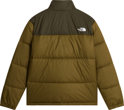 Grüne Daunenjacke von The North Face mit weißem Logo auf der Brust. Grüne Daunenjacke von The North Face mit weißem Logo auf der Brust.