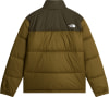 Grüne Daunenjacke von The North Face mit weißem Logo auf der Brust.
