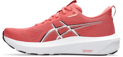 Egy rózsaszín futócipő fehér talppal és Asics logóval.