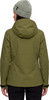 Grüne Damenjacke mit Kapuze und gestreifter Mütze.