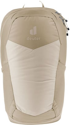Ein beiger Deuter-Rucksack mit heller Vorderseite und Markenlogo. Ein beiger Deuter-Rucksack mit heller Vorderseite und Markenlogo.