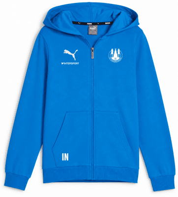 Blaue Puma Kapuzenjacke mit Intersport und FC Schwarzach Logo.