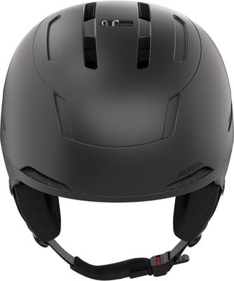 Schwarzer Alpina Skihelm mit verstellbaren Riemen und Belüftung.