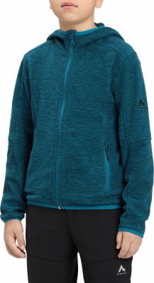 Ein Junge trägt eine blaugrüne Fleecejacke mit Reißverschluss und Kapuze. Ein Junge trägt eine blaugrüne Fleecejacke mit Reißverschluss und Kapuze.