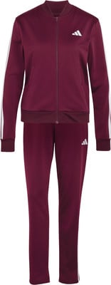 Eine burgunderrote Adidas Trainingsanzug mit weißen Streifen an Ärmeln und Hosen.