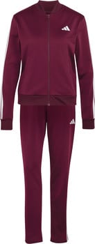 Eine burgunderrote Adidas Trainingsanzug mit weißen Streifen an Ärmeln und Hosen.