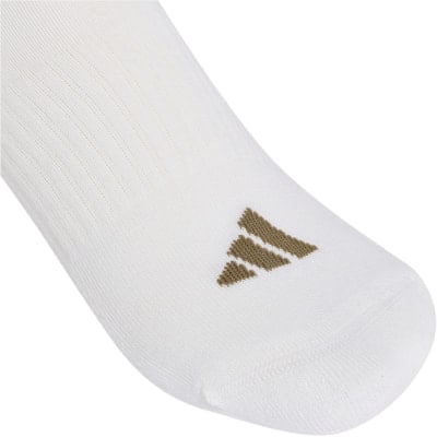 Weiße Adidas-Socke mit braunem Logo.