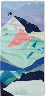 Tuch mit Berg- und Skifahrermotiv in Pastellfarben. Tuch mit Berg- und Skifahrermotiv in Pastellfarben.