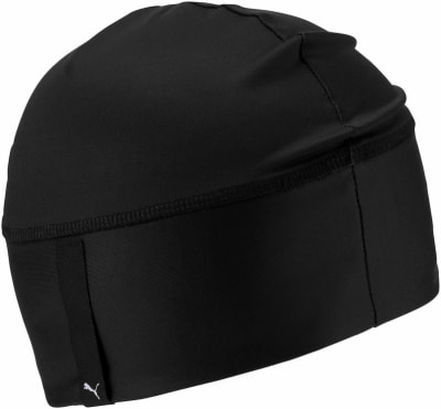 Schwarze Puma-Mütze mit seitlichem Logo und genähtem Saum.