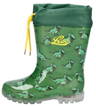 Grüne Gummistiefel mit Dino-Aufdruck und gelbem Schnürzug.