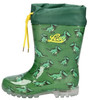 Grüne Gummistiefel mit Dino-Aufdruck und gelbem Schnürzug.