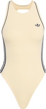 Beige Badeanzug von Adidas mit dunkelblauen Streifen.