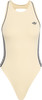 Beige Badeanzug von Adidas mit dunkelblauen Streifen.