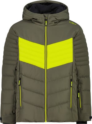 Grüne Skijacke mit Reflektoren und Kapuze.