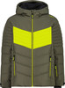 Grüne Skijacke mit Reflektoren und Kapuze.