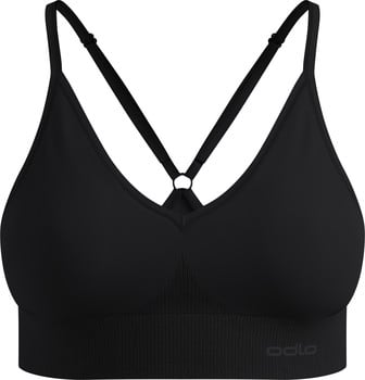 Schwarzer Sport-BH mit dünnen Trägern und Logo.