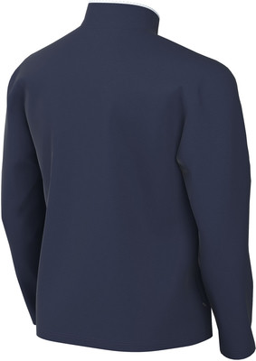 Rückansicht einer dunkelblauen Jacke mit weißem Kragen.