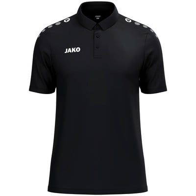 Schwarzes Herren-Poloshirt von Jako mit Logo auf der Brust und Streifen auf den Schultern.