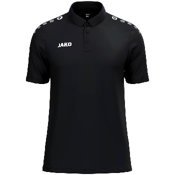 Schwarzes Herren-Poloshirt von Jako mit Logo auf der Brust und Streifen auf den Schultern.