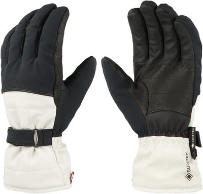 Zwei schwarze und weiße Ski- oder Wintersport-Handschuhe mit GORE-TEX-Logo. Zwei schwarze und weiße Ski- oder Wintersport-Handschuhe mit GORE-TEX-Logo.