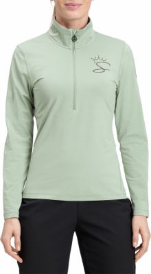 Damen hellgrüner Pullover mit Reißverschluss und Logo auf der Brust. Damen hellgrüner Pullover mit Reißverschluss und Logo auf der Brust.