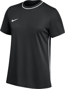 Schwarzes Nike-T-Shirt mit weißem Logo und weißen Seitenstreifen.