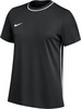 Schwarzes Nike-T-Shirt mit weißem Logo und weißen Seitenstreifen.