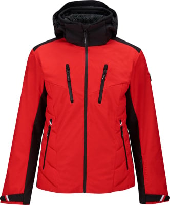 Eine rote Skijacke mit schwarzen Einsätzen und Kapuze hat mehrere Taschen. Eine rote Skijacke mit schwarzen Einsätzen und Kapuze hat mehrere Taschen.