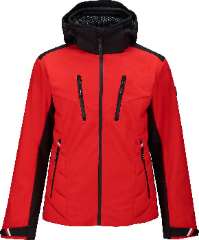 Eine rote Skijacke mit schwarzen Einsätzen und Kapuze hat mehrere Taschen.