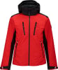 Eine rote Skijacke mit schwarzen Einsätzen und Kapuze hat mehrere Taschen.