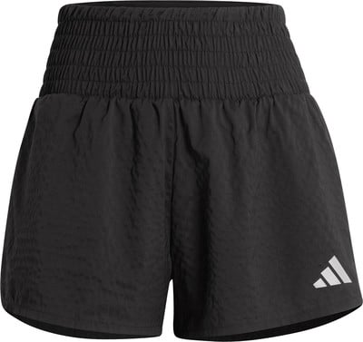 Schwarze Adidas Damen-Shorts mit hohem Gummibund und Logo. Schwarze Adidas Damen-Shorts mit hohem Gummibund und Logo.