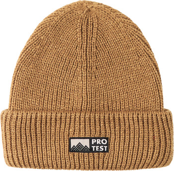 Braune Strickmütze mit Protest-Logo und Bergen.