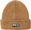 Braune Strickmütze mit Protest-Logo und Bergen.