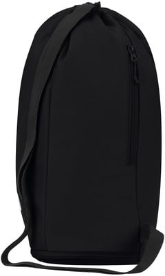 Schwarzer Rucksack mit einem Schultergurt und seitlichem Reißverschluss. Schwarzer Rucksack mit einem Schultergurt und seitlichem Reißverschluss.