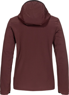 Rückansicht einer dunkelweinroten Kapuzenjacke mit gemustertem Stoff. Rückansicht einer dunkelweinroten Kapuzenjacke mit gemustertem Stoff.