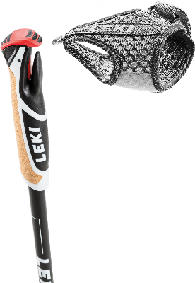 Schwarzer Griff eines Leki Trekkingstocks mit roter Kappe und Handschlaufe. Schwarzer Griff eines Leki Trekkingstocks mit roter Kappe und Handschlaufe.