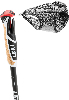 Schwarzer Griff eines Leki Trekkingstocks mit roter Kappe und Handschlaufe.