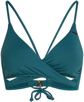 Dunkelgrüner Bikini-Top mit Wickeldesign und verstellbarem Kordelzug. Dunkelgrüner Bikini-Top mit Wickeldesign und verstellbarem Kordelzug.