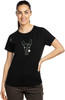 Schwarzes Damen-T-Shirt mit gesticktem Lama- und Blumenmotiv.