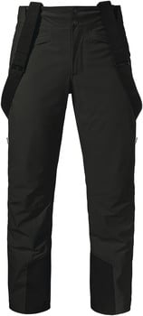 Schwarze Hose mit Hosenträgern und dunkleren Einsätzen an den Beinen.