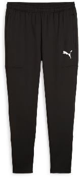 Schwarze Puma Trainingshose mit weißem Logo und Taschen.