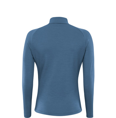 Rückansicht eines blauen Langarmshirts für Damen mit Stehkragen. Rückansicht eines blauen Langarmshirts für Damen mit Stehkragen.