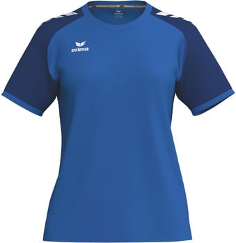 Blaues Sport-T-Shirt mit dunkleren Ärmeln und Erima-Logo.