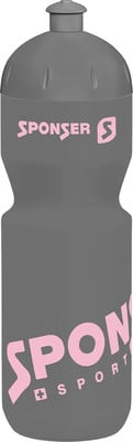 Graue Trinkflasche mit pinkem SPONSER-Logo und Schriftzug SPORT.