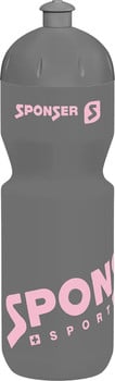 Graue Trinkflasche mit pinkem SPONSER-Logo und Schriftzug SPORT.