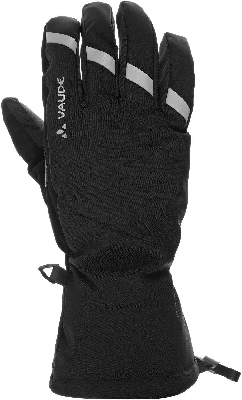 Schwarzer Handschuh mit Reflektorstreifen und Vaude-Logo. Schwarzer Handschuh mit Reflektorstreifen und Vaude-Logo.