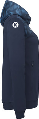 Dunkelblaue Kapuzenjacke mit geometrischem Muster auf der Kapuze. Dunkelblaue Kapuzenjacke mit geometrischem Muster auf der Kapuze.