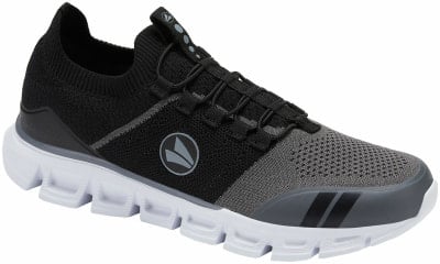 Schwarzer und grauer Strick-Laufschuh mit weißer Sohle. Schwarzer und grauer Strick-Laufschuh mit weißer Sohle.