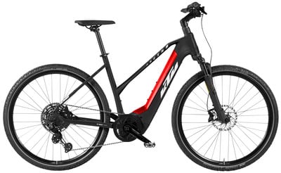 Fekete KTM e-mountain bike piros váz elemekkel.