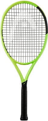 Ein grüner Tennisschläger mit schwarzem Griffband und weißem Schriftzug. Ein grüner Tennisschläger mit schwarzem Griffband und weißem Schriftzug.